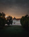 Vertical shot of the historic Palace Rogalin at sunset in Poland