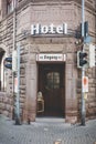 Vertical shot of a hotel entrance with a sign above in Konstanz, Germany