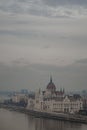 Vertical shot of the Hungarian Parliament Building along the Danube River, Budapest on a cloudy day Royalty Free Stock Photo