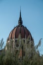 Vertical shot of Hungarian Parliament Building Dome, Budapest, Hungary seen through branches Royalty Free Stock Photo