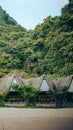 Vertical shot of the huts on the shore with green lush trees in the background