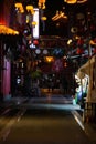 Vertical shot of the illuminated details of the Impression Water street in Meishan city, Ch