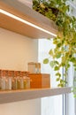 Vertical shot of an illuminated wooden shelf with glass jars of spices and a potted plant