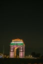 Vertical shot of the India Gate at Night (Kingsway) illuminated at night in New Delhi, India