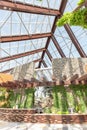 Vertical shot of an interior of a building with a glass roof in Dubai Safari Park (Dubai Zoo)