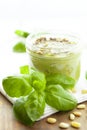Vertical shot of a jar of pesto next to basil leaves and pine nuts Royalty Free Stock Photo