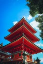 Vertical shot of the Kiyomizu-Dera Three-Story Pagoda on a sunny day in Kyoto, Japan