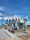 The vertical shot of 115 kV Take-off tower and Transformer feeder in the switchyard. Royalty Free Stock Photo