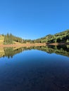 Vertical shot of Lake Desolation with green trees on the shore. Big Cottonwood Canyon, Utah, USA.