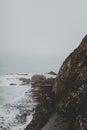 Vertical shot of large rocks in nugget point ahuriri, new zealand with a foggy background Royalty Free Stock Photo