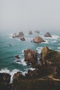 Vertical shot of large rocks in nugget point ahuriri, new zealand with a foggy background Royalty Free Stock Photo