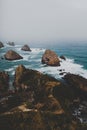 Vertical shot of large rocks in nugget point ahuriri, new zealand with a foggy background Royalty Free Stock Photo