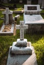 Vertical shot of a large white stone cross situated in a cemetery Royalty Free Stock Photo