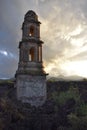 Vertical shot of Lava destroyed church-ruins of the San Juan Parangaricutiro in Michoacan, Mexico.