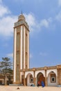 Vertical shot of Lebanon Mosque against the background of the blue sky. Agadir, Morocco.