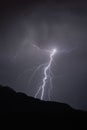 Vertical shot of lightning striking at night on hills