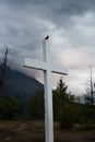 Vertical shot of a little bird sitting on a white wooden cross Royalty Free Stock Photo