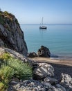 Vertical shot of a Lone ship near the beach of Marina di Camerota, Campania, Italy