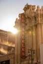 Vertical shot of Los Angeles Theatre Building in Los Angeles, California with blue sky