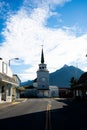 A vertical shot of main street leading to St. Michael the Archangel Orthodox Cathedral ,Sitka Alaska
