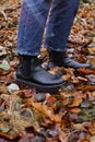 Vertical shot of male leather boots, a man standing on the autumn foliage carpet in the park Royalty Free Stock Photo