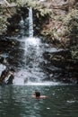 Vertical shot of a male taking a picture of a beautiful waterfall while swimming