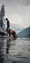 Vertical shot of a man with a dog during a trek in Manali, India