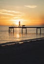 Vertical shot of a man and his dog silhouette walking on a pier at sunset Royalty Free Stock Photo