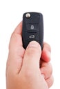 Vertical shot of a man pressing the unlock button on a black car key isolated on a white background Royalty Free Stock Photo