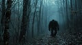 A vertical shot of a man walking in a dark forest with fog