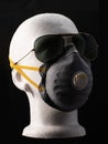 Vertical shot of a manikin head with a mask and sunglasses