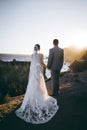 Vertical shot of a married couple at the cliff looking at a bright sunset