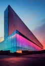 Vertical shot of modern glass windowed building illuminated by city lights and reflecting sunset Royalty Free Stock Photo