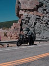 Vertical shot of a motorcycle on the highway road near Stone Hill