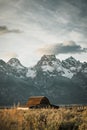 Vertical shot of Moulton Barn at iconic classic Mormon row grand Tetons national park Wyoming USA