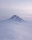 Vertical shot of Mount Hood covered in mist and clouds