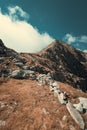 Vertical shot of a mountain ridgelines lined with rocks and a sea of clouds on the side Royalty Free Stock Photo