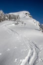 Vertical shot of mountain summit covered with clean white snow with traces on it