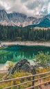 Vertical shot of the mountainous lake Sudtirol
