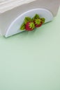 Vertical shot of a napkin holder with strawberry detail on green background with space for your text