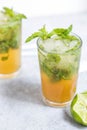 Vertical shot of nettle tea mojitos with a mint leaf on a white surface