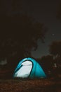 Vertical shot of Night time of the sky with stars and illuminated tent in Alcacer do Sal, Portugal