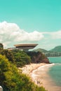 Vertical shot of the Niteroi Contemporary Art Museum in Brazil Royalty Free Stock Photo