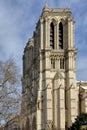 Vertical shot of the Notre-Dame de Paris tower, seven months after the fire in Paris, France