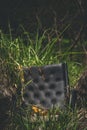 Vertical shot of an old abandoned black fabric chair in the greenery