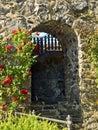 Vertical shot of an old building with an arched entrance covered in red roses on a sunny day Royalty Free Stock Photo