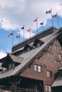 Vertical shot of the Old Faithful Inn hotel, Yellowstone National Park, Wyoming USA Royalty Free Stock Photo