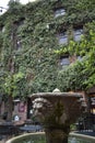 Vertical shot of an old mossy fountain with lion head carvings