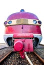 Vertical shot of an old red train on the tracks Royalty Free Stock Photo