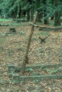 Vertical shot of an old rusted cross with a spider web on it in the cemetery